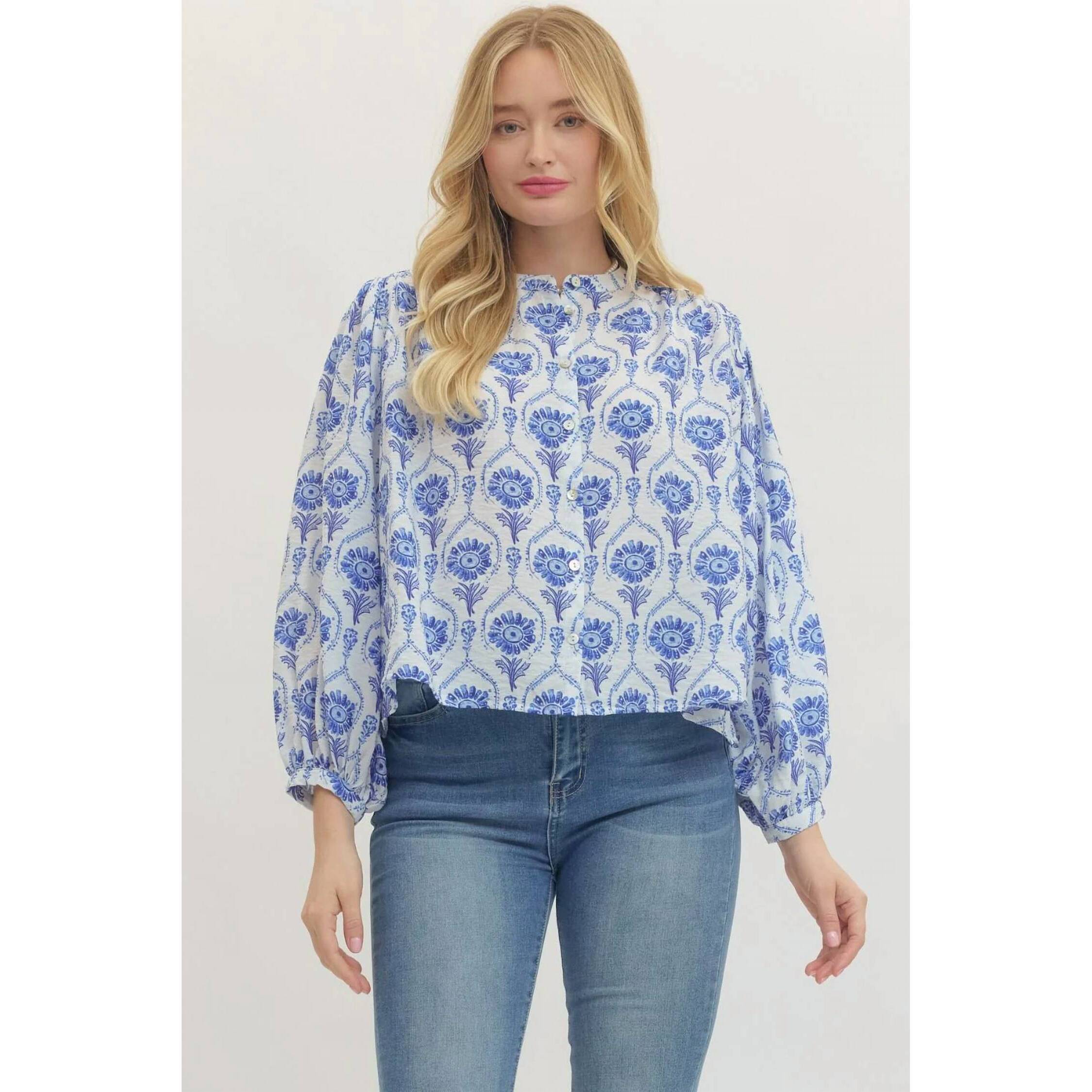 New Entro Rhea Puff Sleeve Top In White/Blue